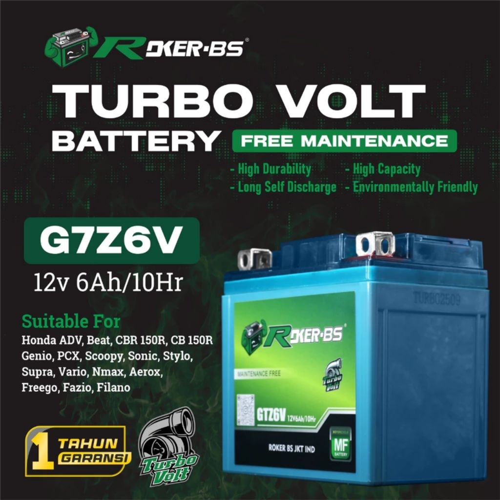 ROKER BS Aki Kering Motor Beat New Idling Stop Scoopy New Idling Stop 12V 6Ah Turbo Volt Battery GTZ
