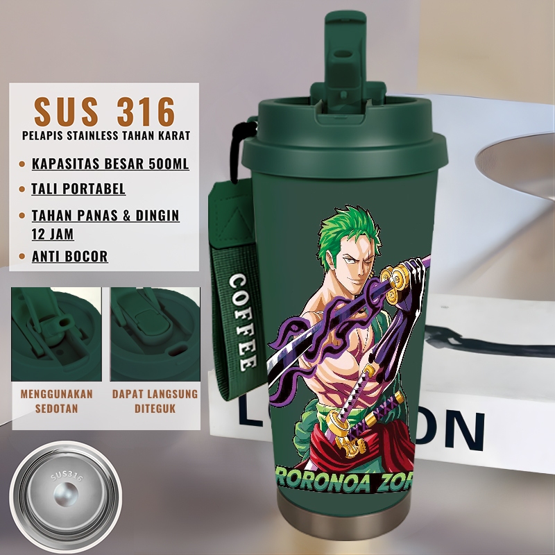 Tumbler Zoro One Piece 500ml Stainless Steel 304 Sedotan Portable Botol Minum Aesthetics Botol Minum