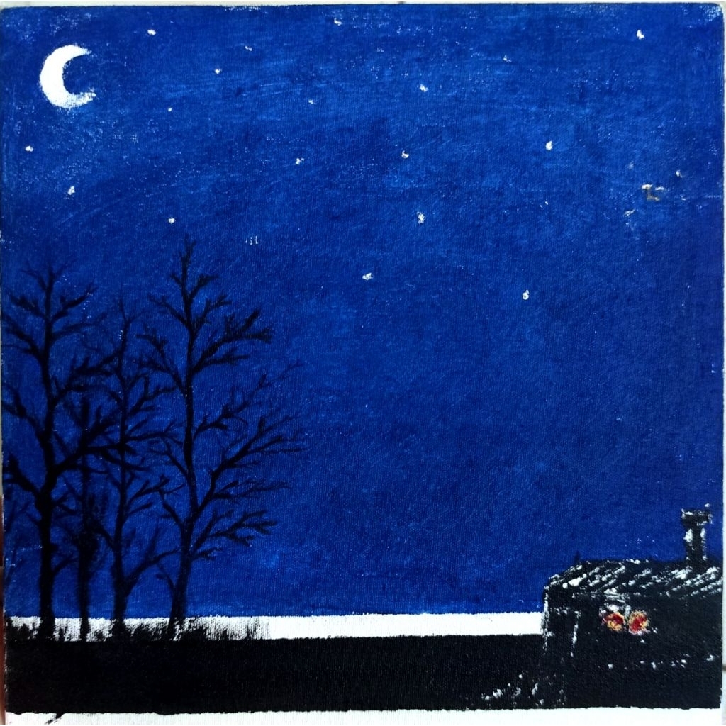 Lukisan Kanvas Mini Pemandangan Malam Bintang Bulan (Handmade)