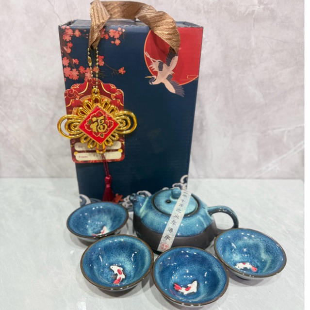 TEA SET IKAN KOI ANTIK KERAMIK JEPANG CANGKIR TEA SET HAMPERS TEA SET IKAN KERAMIK FREE KARTU UCAPAN