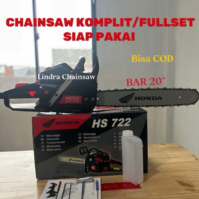 Chainsaw Honda HS 722 Komplit Berikut Bar 20 inch dan Rantai Siap Pakai.Gergaji Mesin Senso Sinso Ho