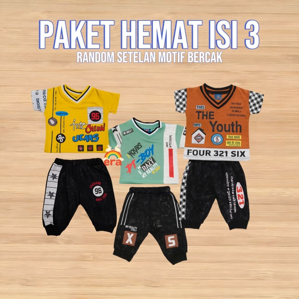 ERA BABY - Paket Hemat Isi 3 Setelan Celana Bercak Fashion Baju Bayi Anak Cowok Umur 6 bulan-1 tahun