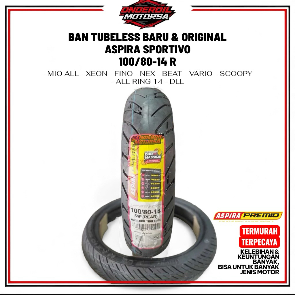 BAN TUBELESS ASPIRA SPORTIVO 100/80-14 RING 14 TUBLES TERMURAH & BARU