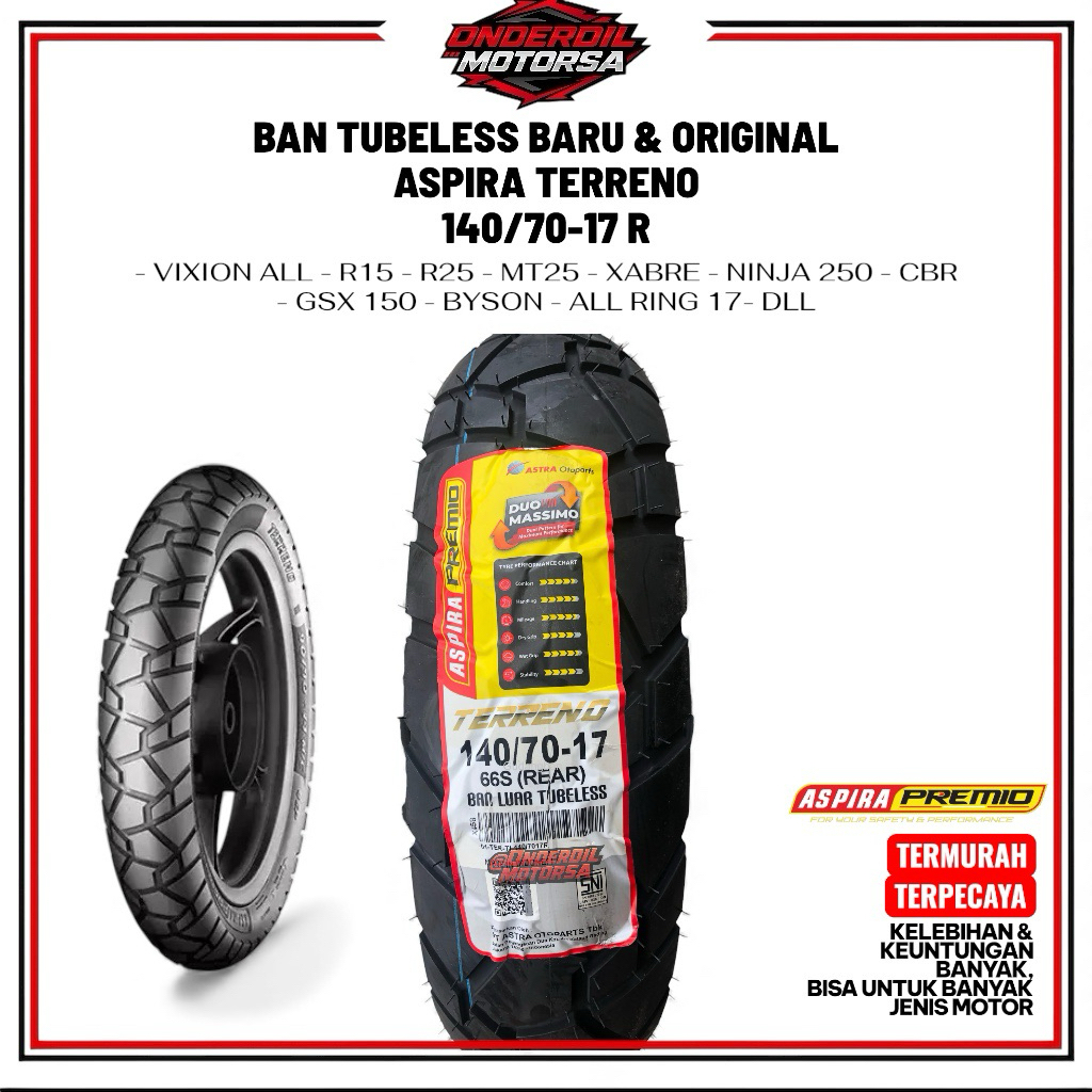 BAN TUBELESS ASPIRA TERRENO 140/70-17 RING 17 TUBLES TERMURAH & BARU DUAL PURPOSE