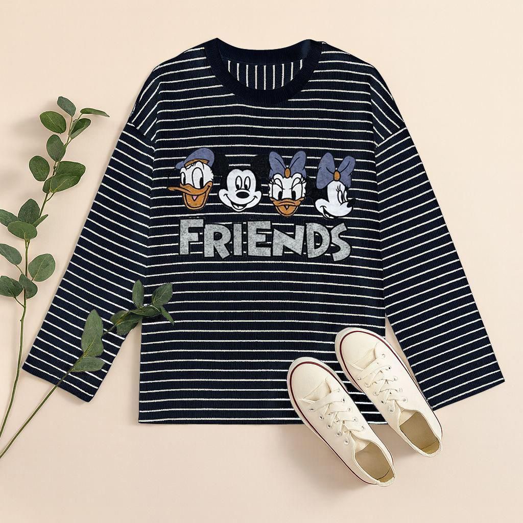 Sweater Wanita Atasan Kombinasi Babyterry Katun Salur 1928 Lengan Unik  Cewek Top Crop Casual Crewne
