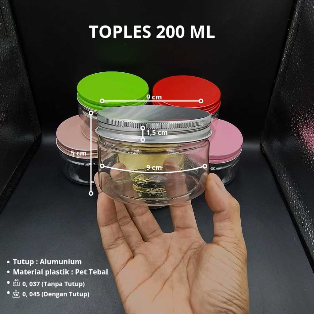 Toples Tabung 200ml / Toples Jar Plastik 200ml / Varian Warna Tutup Alumunium