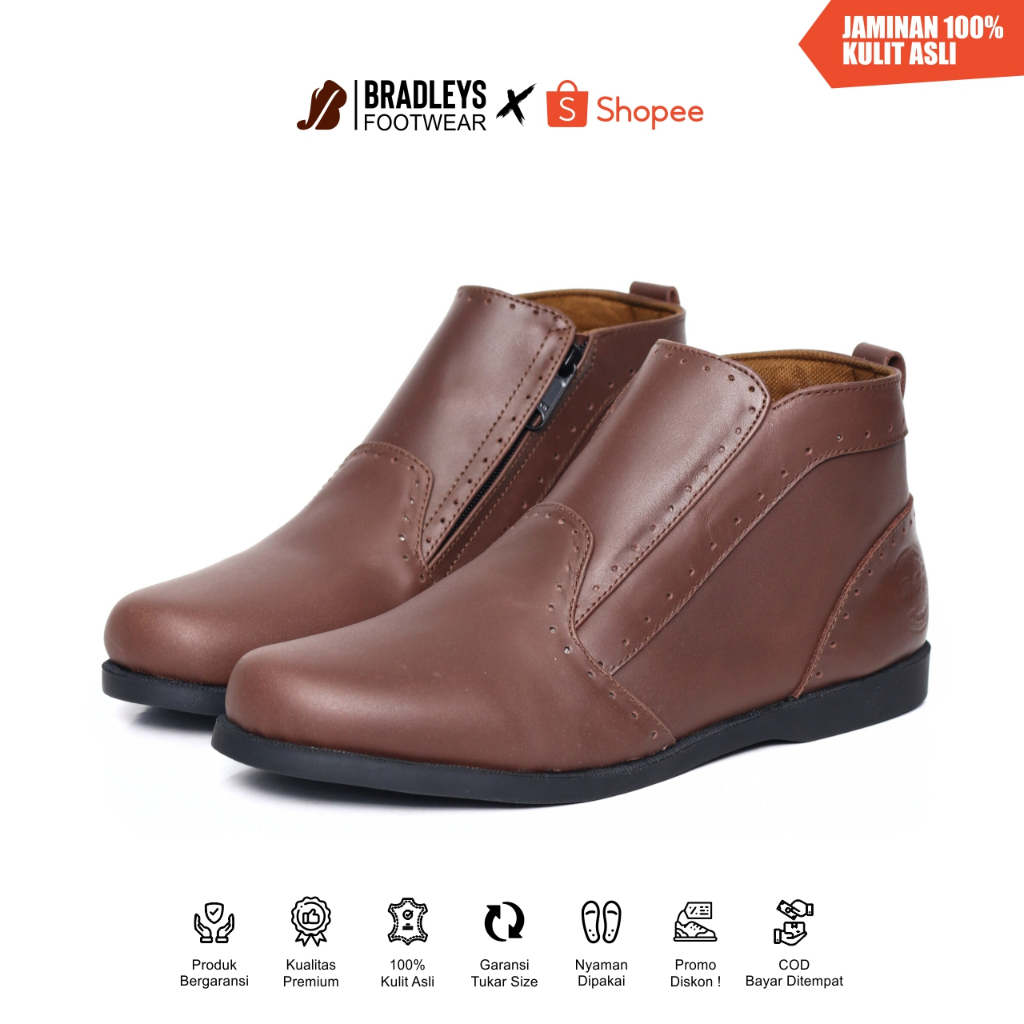 Bradleys Levin Brown - Sepatu Kulit Pria | Sepatu Semi Boots Resleting Pria Kulit Asli