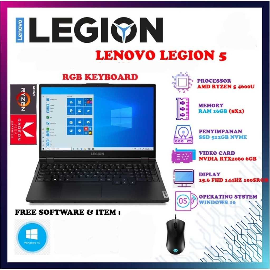 Laptop Gaming Lenovo Legion 5 15ARH05H, RYZEN 5 4600H, 16GB RAM, 512GB SSD RTX 2060