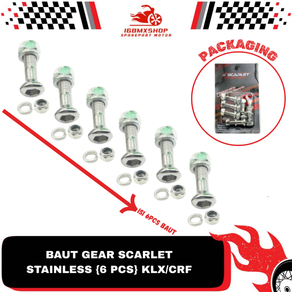 Baut Gear Stainless {ISI 6 PCS} KLX/CRF "Original Scarlet" Baut Gear Belakang Baud Gir Motor CRF KLX