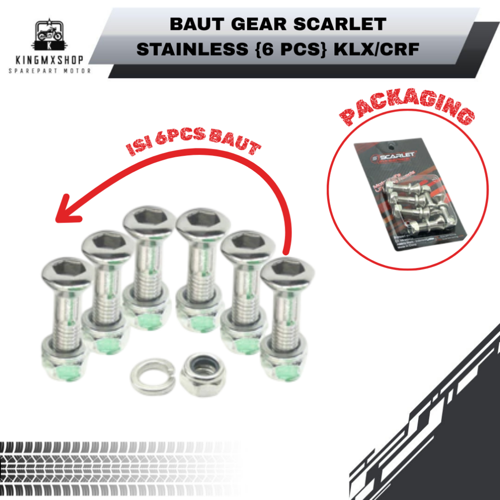 Baut Gear Stainless {ISI 6 PCS} KLX/CRF "Original Scarlet" Baut Gear Belakang Baud Gir Motor CRF KLX
