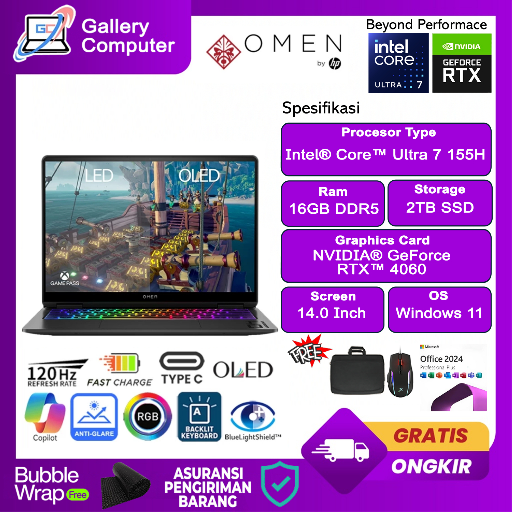 Hp Omen TransCend 14 Intel Ultra 7 155H Ram 32GB/2TB RTX4060 8GB 2.8K OLED Windows 11 Office 2024