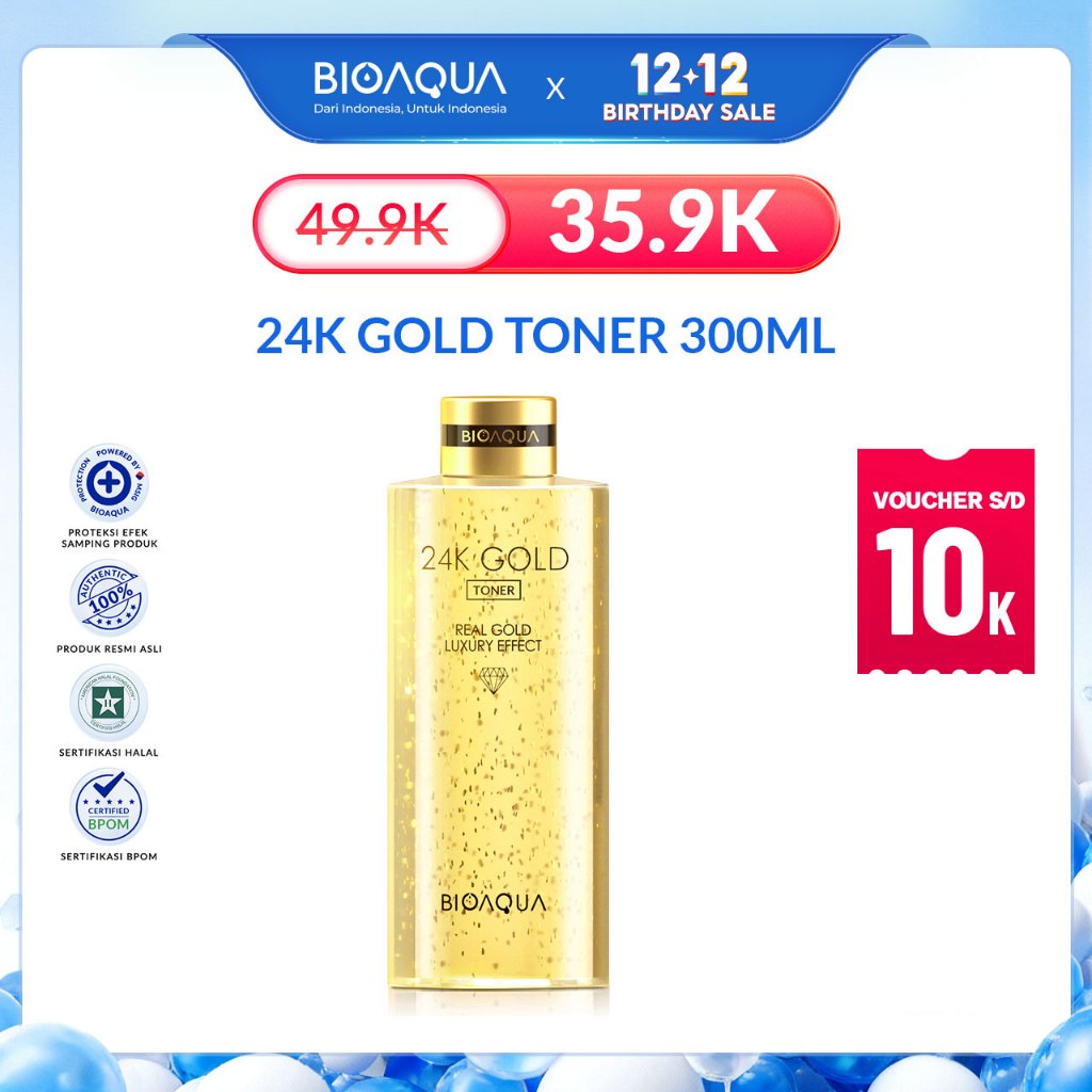 BIOAQUA 24k Gold Toner 300ml Skincare Hydrating Toner Glowing Face Essence Toner Whitening Brightly