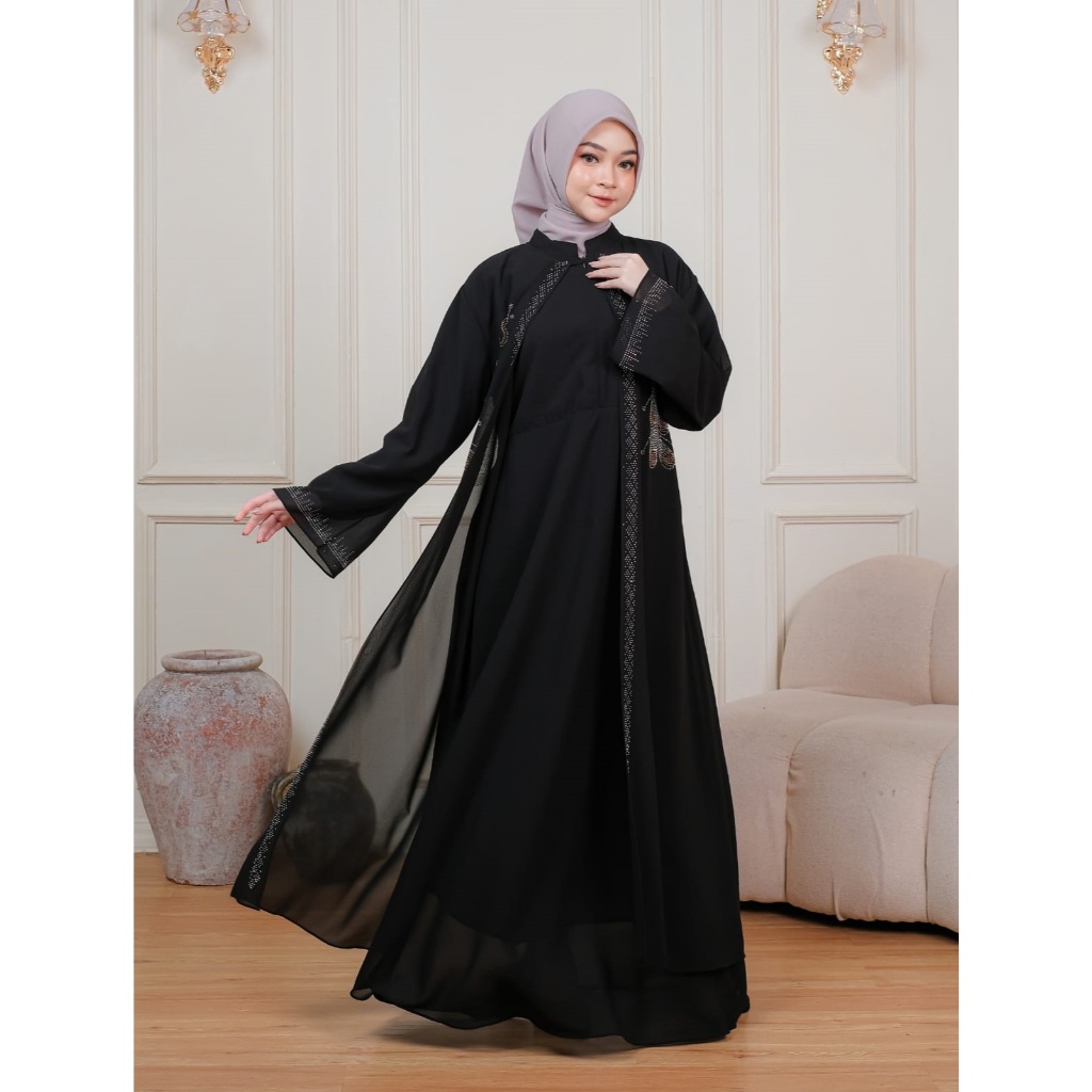 Inayah Gamis Abaya Hitam Turki Sultan Model Mewah Elegan Ceruty Babydoll Import Premium Pinggang Tal