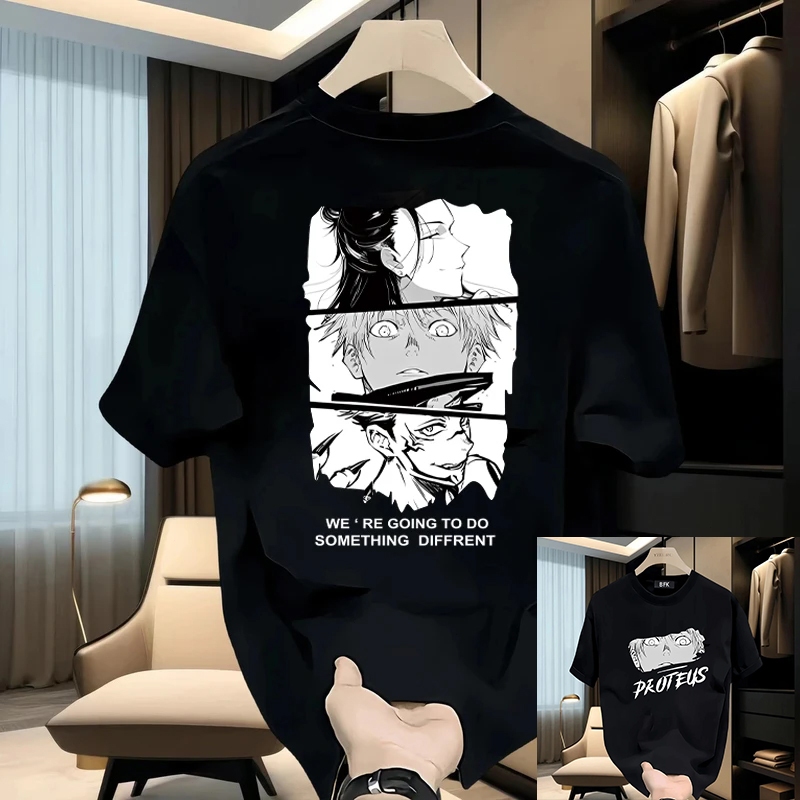 *COD* Kaos Pria Oversize Katun Murni Leher Bulat Lengan Pendek Motif Komik Split Panel Gaya Anime Ke