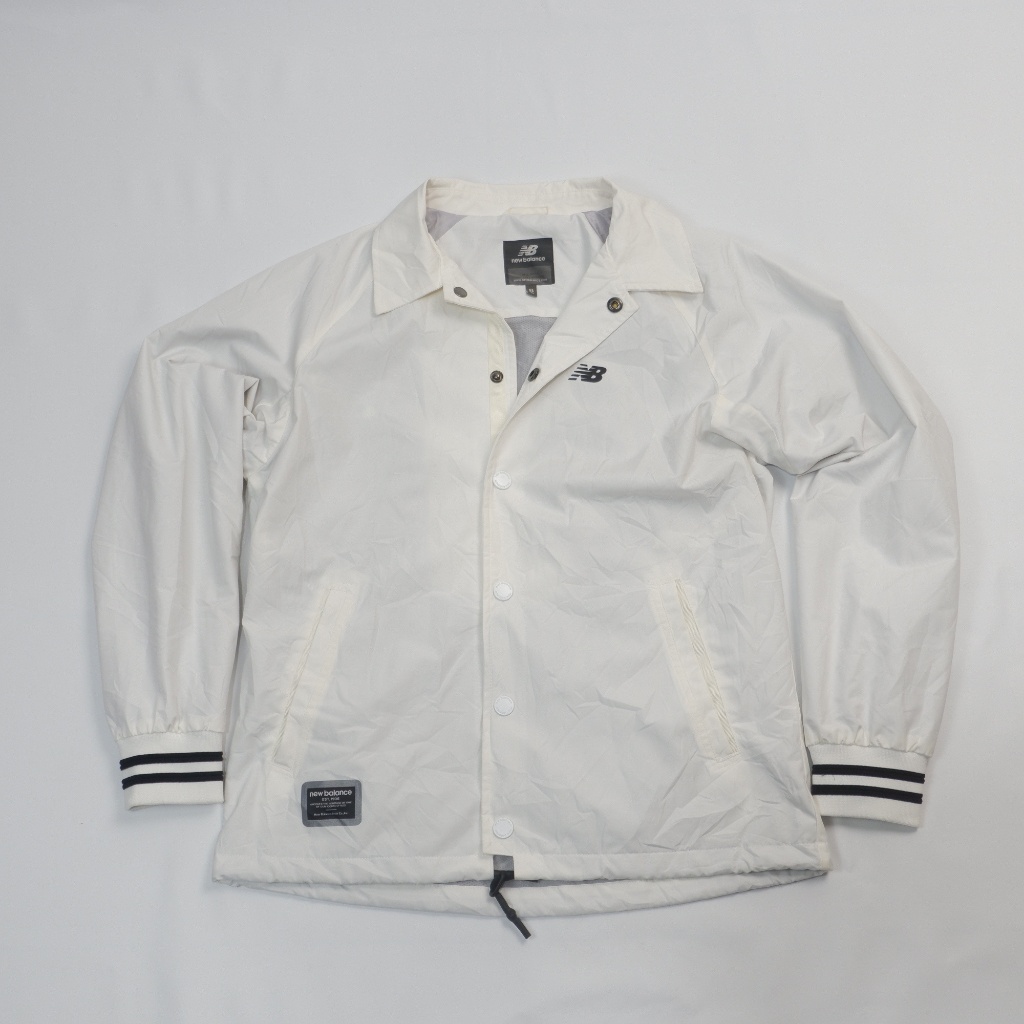 NEW BALANCE Full Snap Coach Jacket - White/Navy Stripes - Preloved