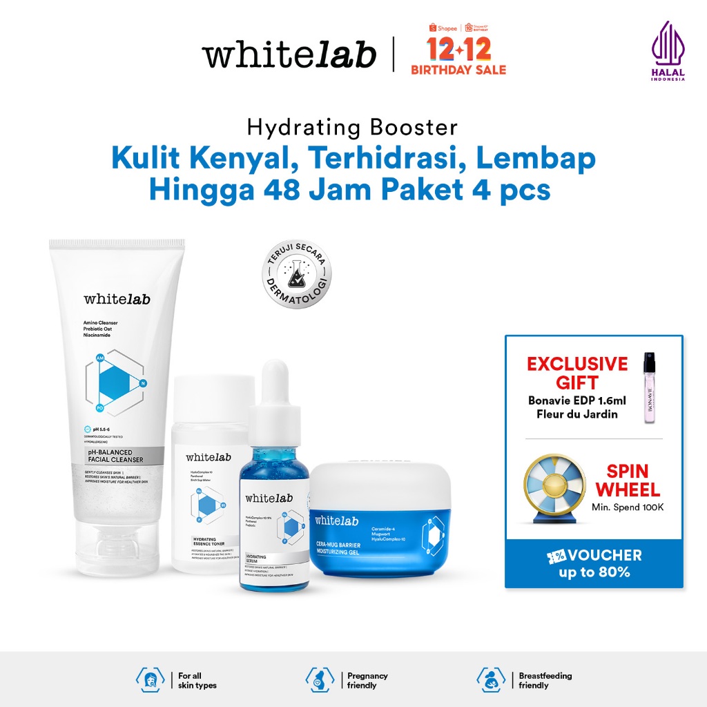 Whitelab Hydrating Series - Facial Cleanser, Essence Toner, Serum, Moisturizer, Sleeping Mask Paket 