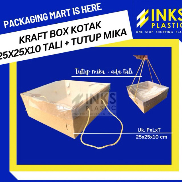 KRAFT BOX KOTAK 25x25x10 TUTUP MIKA + TALI DUS KOTAK KUE BOLU