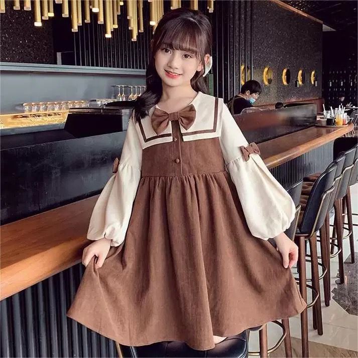 Dress Bludru Anak Perempuan Usia 4-7 Tahun Bajju Katun Lengan Panjang Balon Serut Variasi Lengan Pit