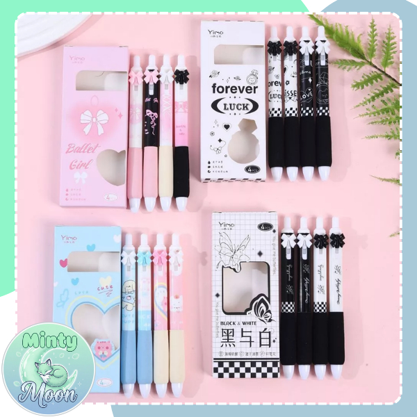 PN11 Pulpen Gel Mekanik 0.5mm Set Isi 4 Pcs Pulpen Karakter Aesthetic Tinta Hitam untuk Sekolah dan 