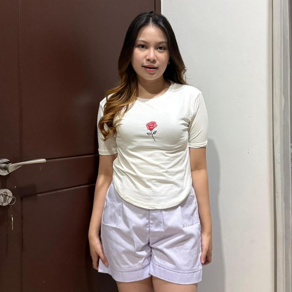 Kaos Wanita Lengan Pendek Crop Mawar Tengah Bahan Cotton Spandek Kaos Cewek