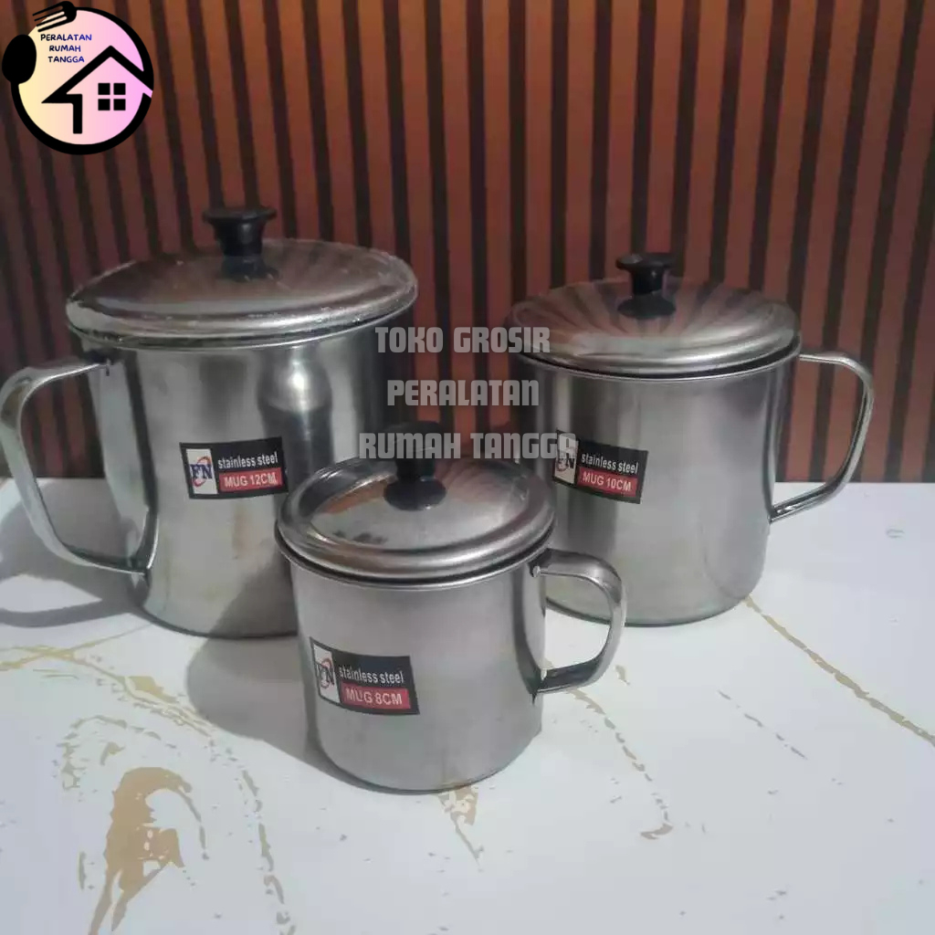 CANGKIR STAINLESS UKURAN 8CM, 10C, 12CM, 14CM PAKAI TUTUP / MUG STAINLESS  PAKAI TUTUP KUAT AWET