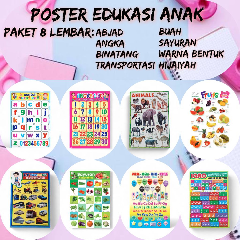 Paket poster edukasi anak 8 lembar ABCD, Angka, Buah-buahan, Sayur mayur