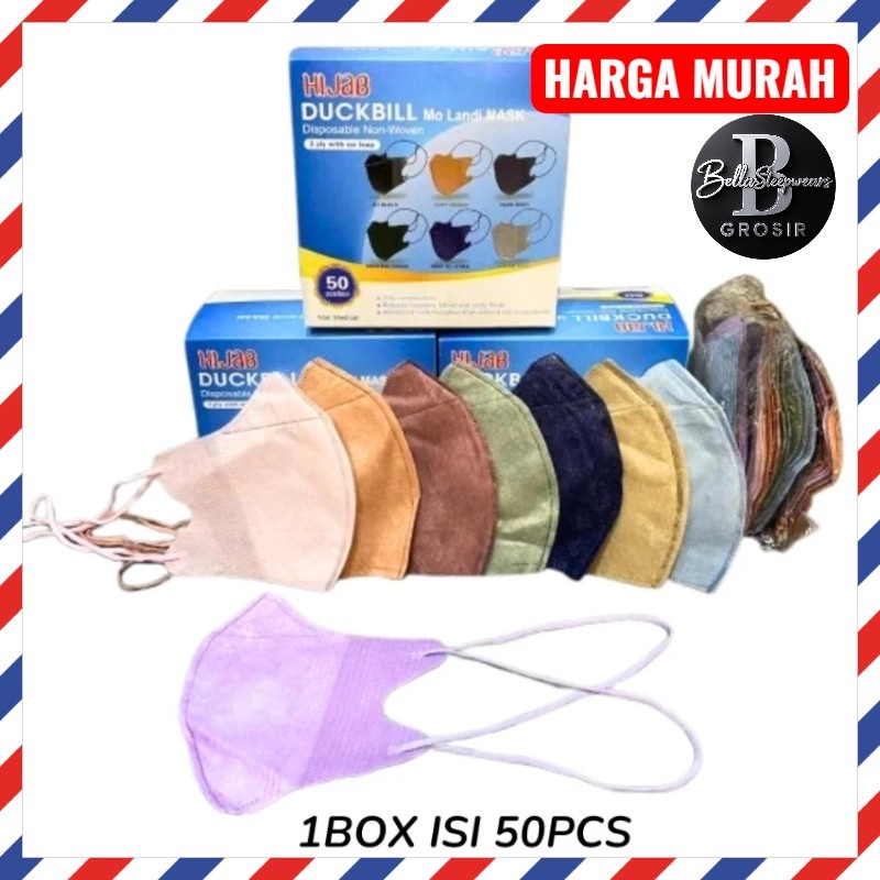 BELLA | MASKER HIJAB DUCKBILL FM FACE MASK MIX RAINBOW 50 - MASKER DUCKBILL 3PLY HIJAB MOLANDI GARIS