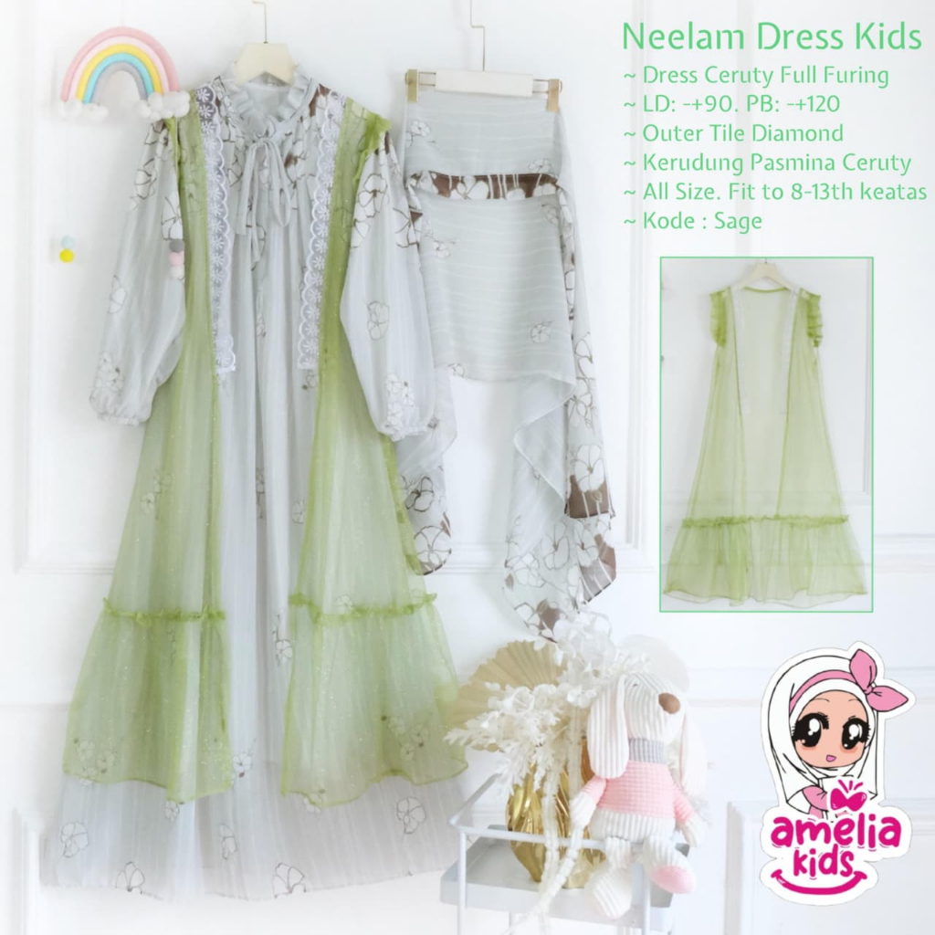 Neelam Dress Gamis Set Outer Pashmina Anak Perempuan Original Amelia Kids Bahan Ceruty Full Furing T