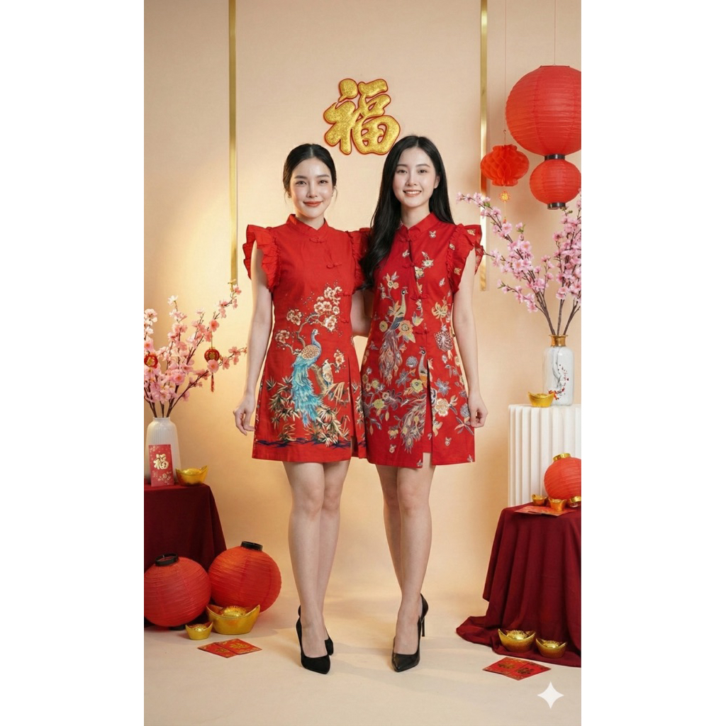 Setelan Dress Cheongsam Celana Edisi Imlek Warna Merah / Celine Set#