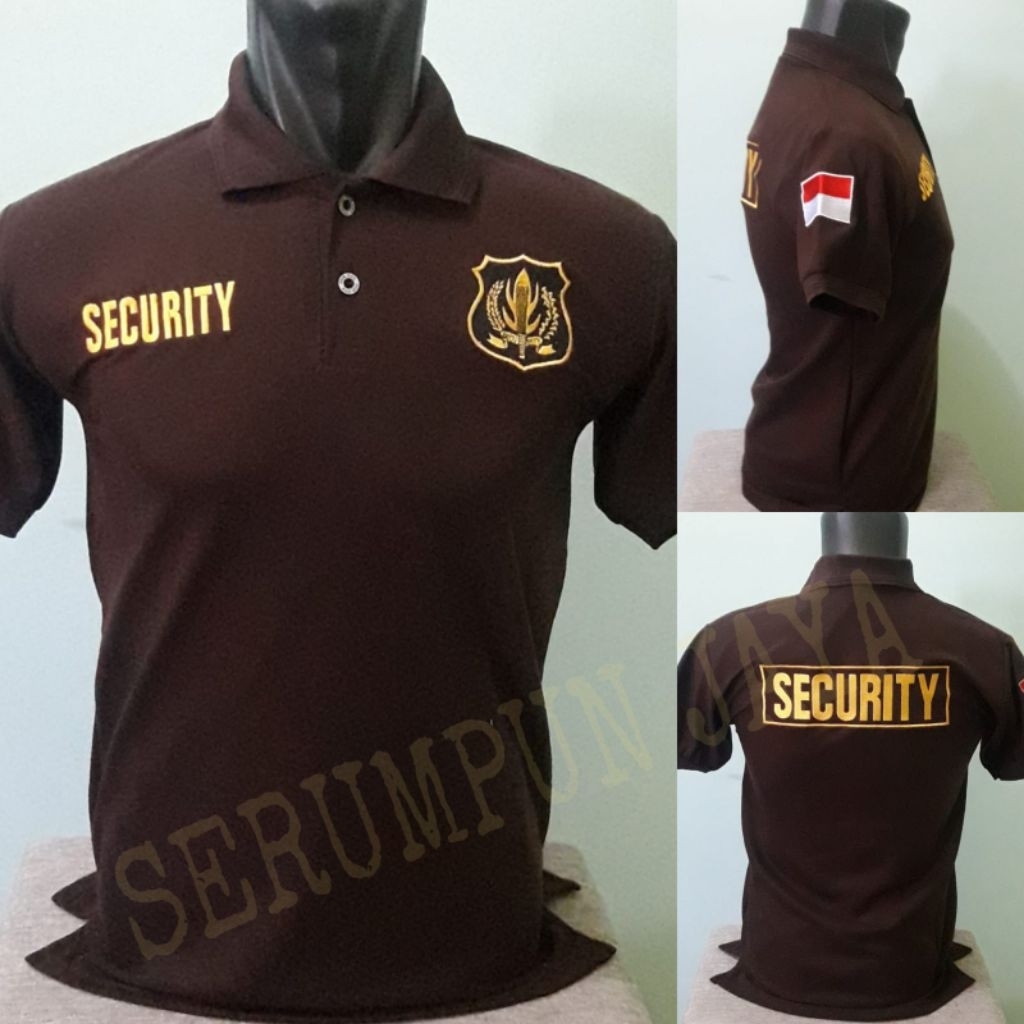 KAOS SECURITY COKLAT TUA LOGO KUNING FULL BORDIR - KAOS KERAH SECURITY COKLAT LENGAN PENDEK BORDIR -