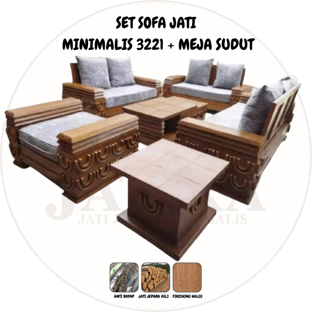 Set Sofa Jati Minimalis Modern 3221 + Meja Sudut | Sofa Jati Asli Jepara Palembang