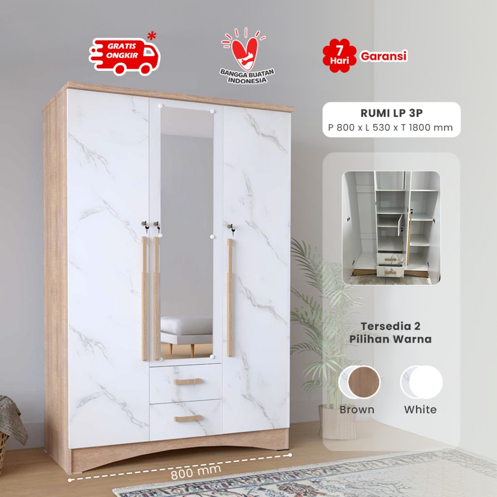 DEKOIDEA.ID - Rumi Lemari Pakaian Putih 3 Pintu / Lemari Baju Kaca Murah Aestetic