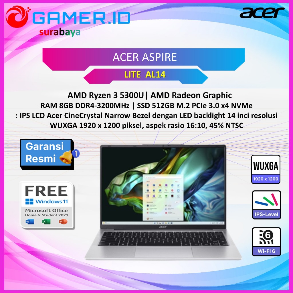 LAPTOP ACER ASPIRE LITE  AL14 RYZEN 3 5300U - 8GB 512GB 14.0WUXGA IPS