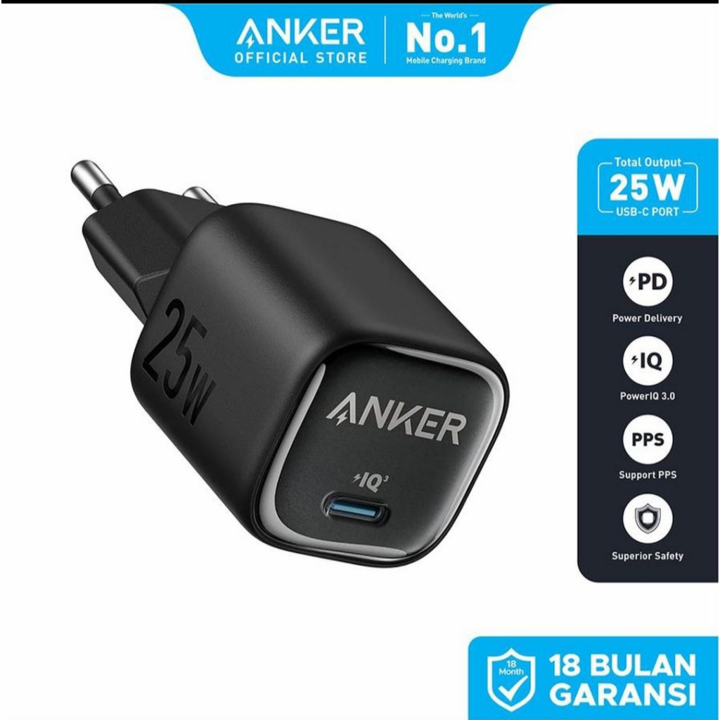 Kepala Charger Adptor ANKER 25 Watt GaN MFI support fast charging