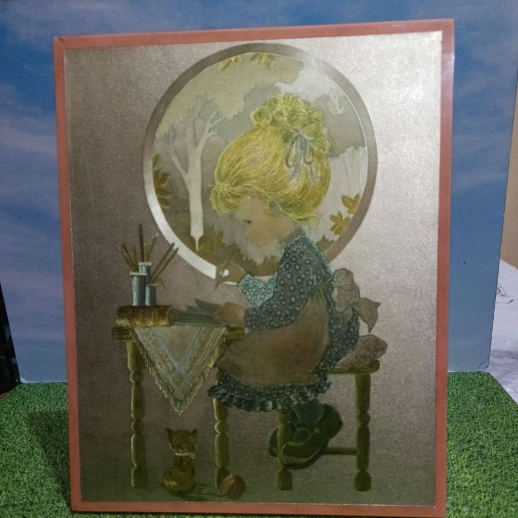 Vintage Retro Foil Art Sarah Kay With Cat Holly Hobby Style Picture Print