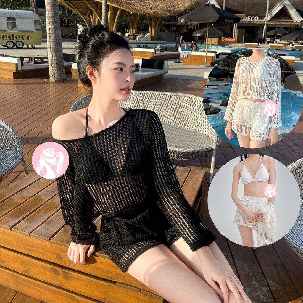 Lady Swimsuit Three Piece Set Bikini Swimwear + Outer Baju Pantai Motif Jaring Sexy Look Beachwear 8