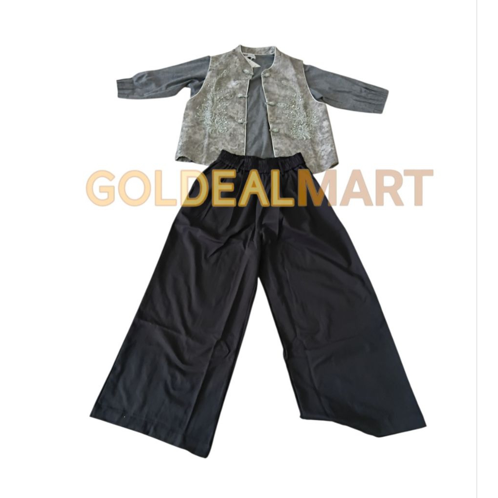 Stelan baju rompi vest wanita tradisional cheongsam imlek warna grey aksen payet mote motif bunga fl