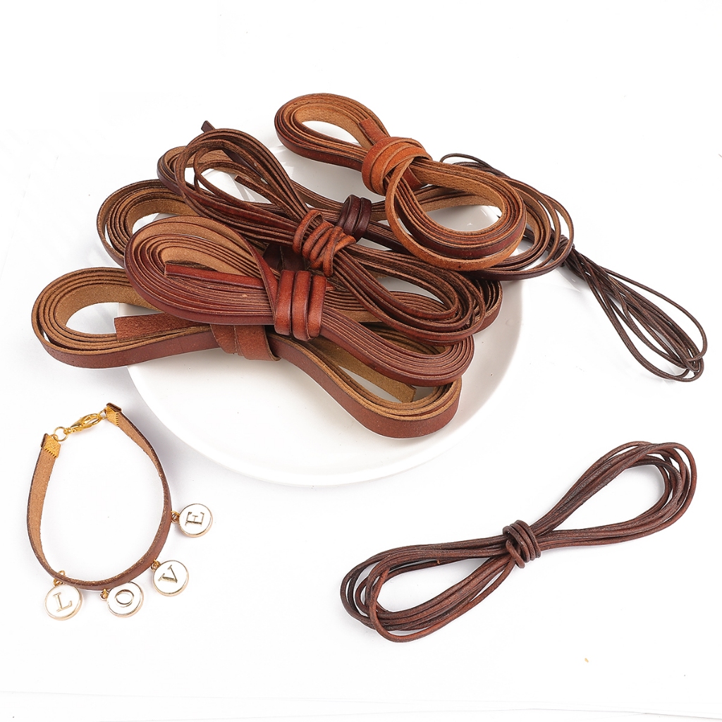 Tali Kulit Asli 2 Meter - 1.5-10mm Bulat & Pipih untuk Kalung Gelang DIY