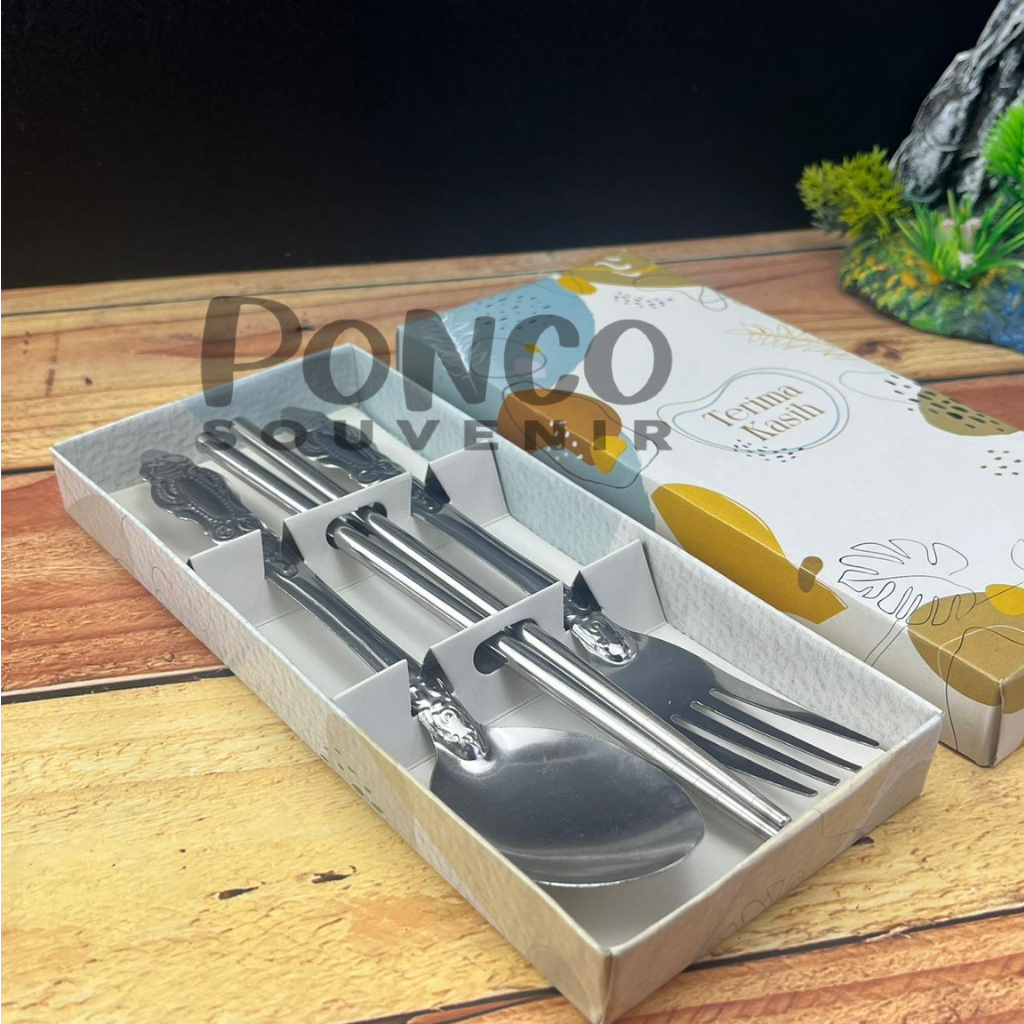 20 Set Sendok Set Stainless Wayang Kemasan Full Box Motif Daun Abstrak