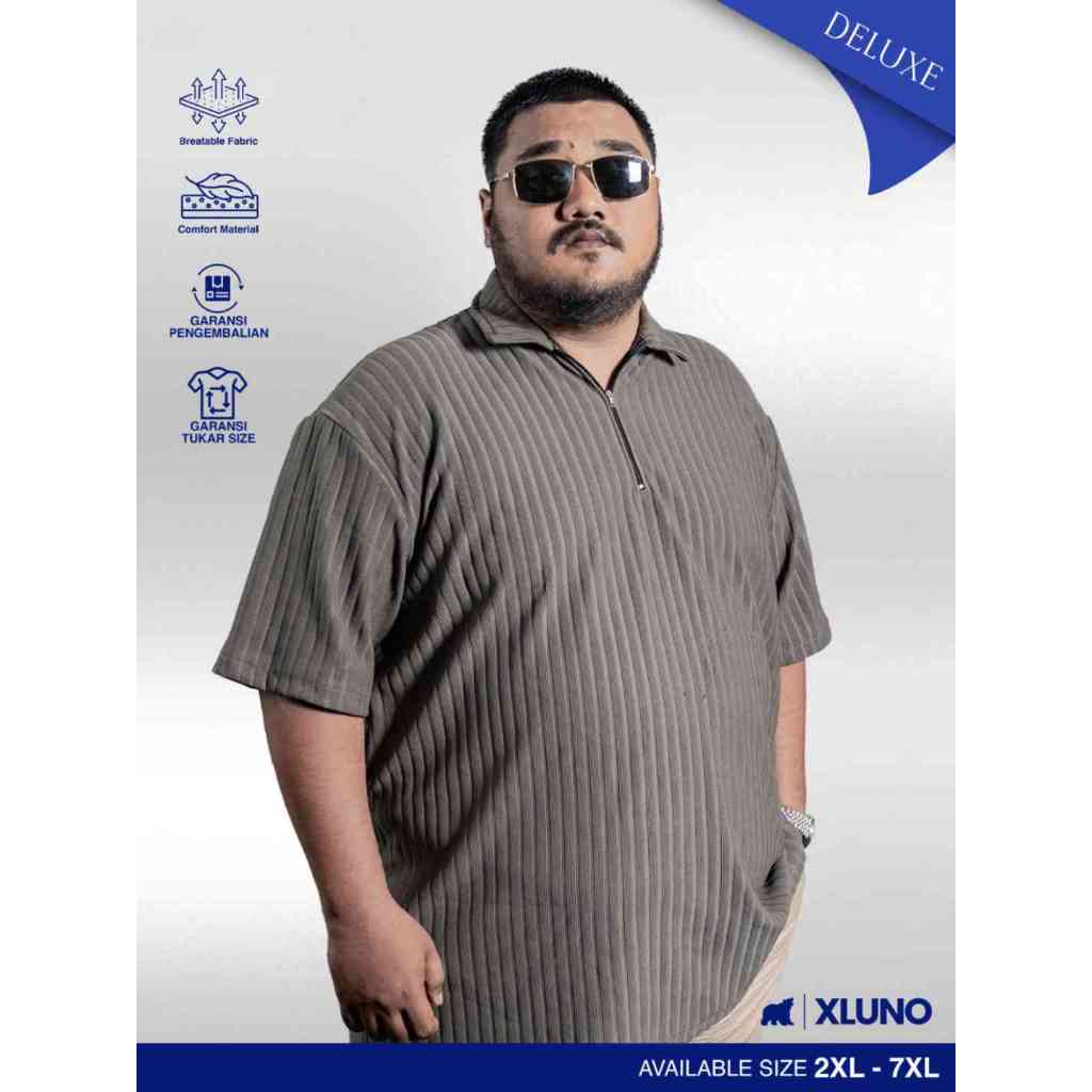 XLUNO Zipper Polo Olive Baju Polo Pria Jumbo Knit Big Size Lengan Pendek