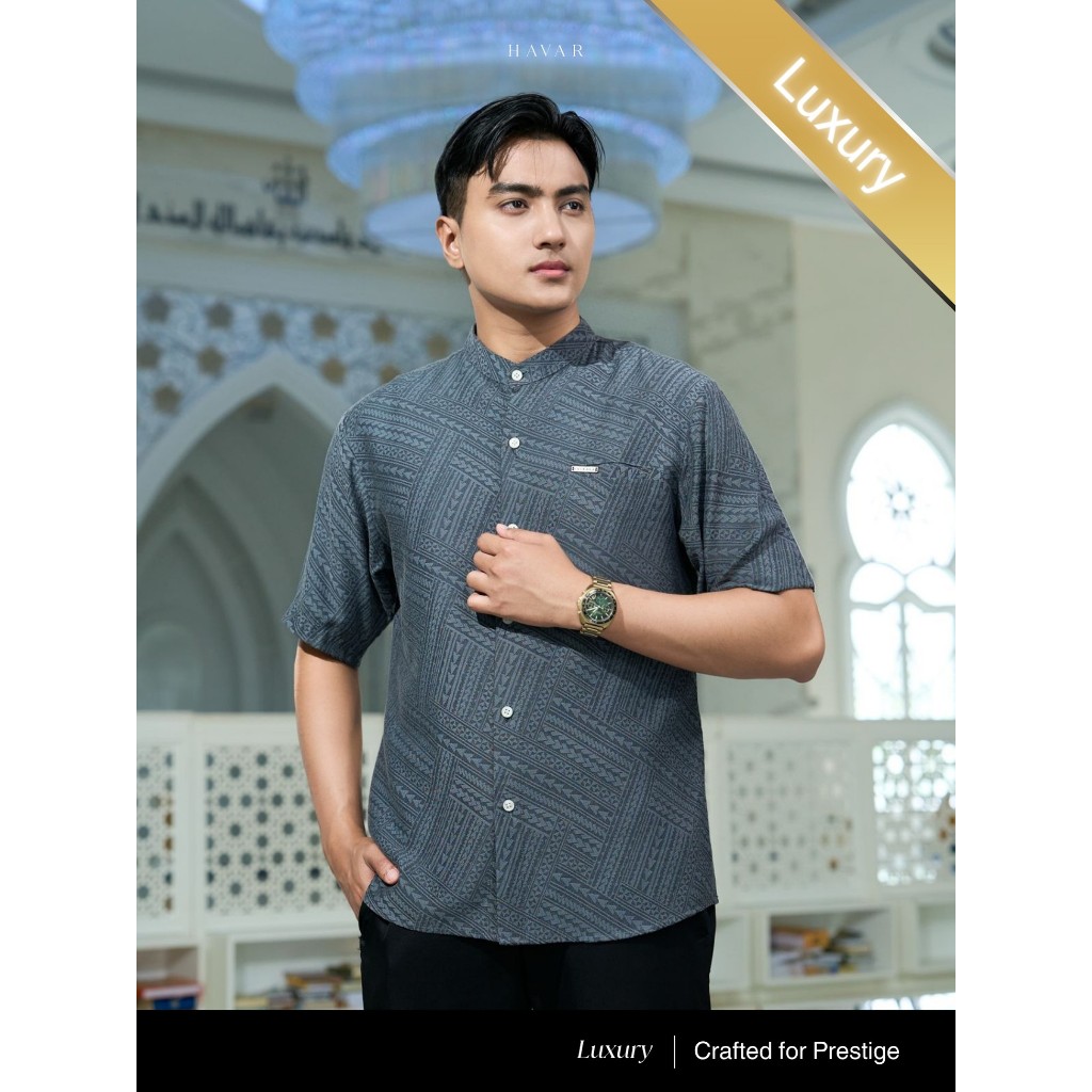 HAVAR Verde Grey Kemeja Koko Muslim Premium Slimfit Lengan Pendek