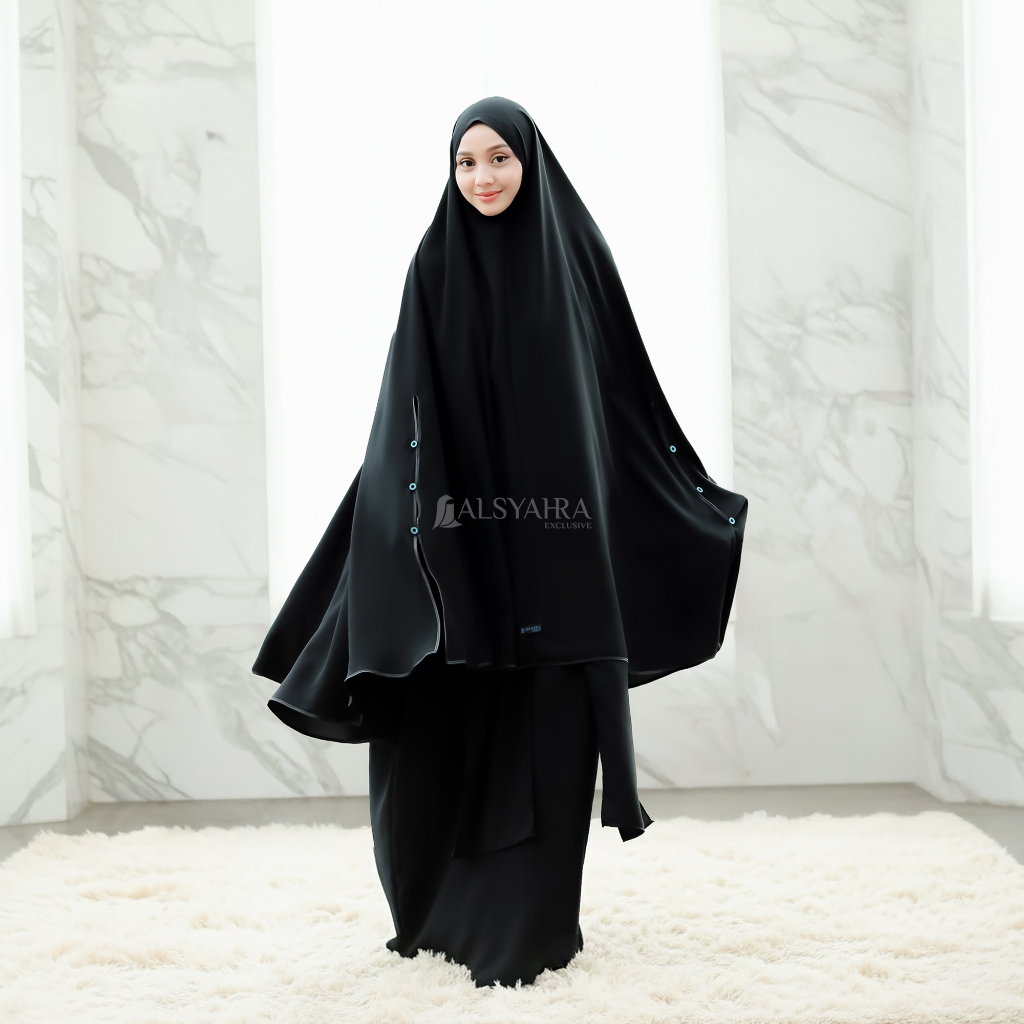 Set Khimar Syari Handsplit Raudhah Cadar Tali Jetblack Alsyahra Exclusive Size XXL
