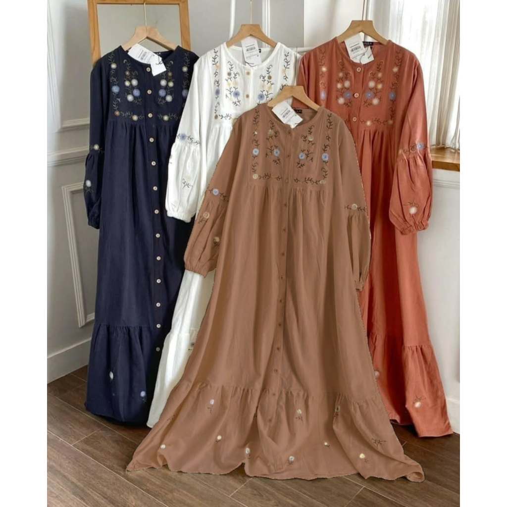 larisa dress Bahan polo linen dengan aksen bordir bungga yang sangat indah gamis busui/gamis pesta