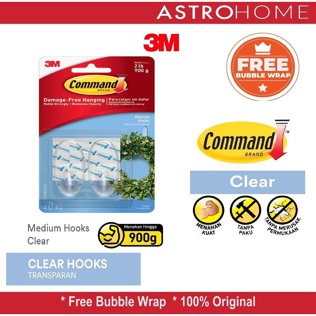 Gantungan Clear Medium Hooks 3M Command 17091CLR 17091 CLR Perekat Kuat Transparan 2 Hook Maks 900g 