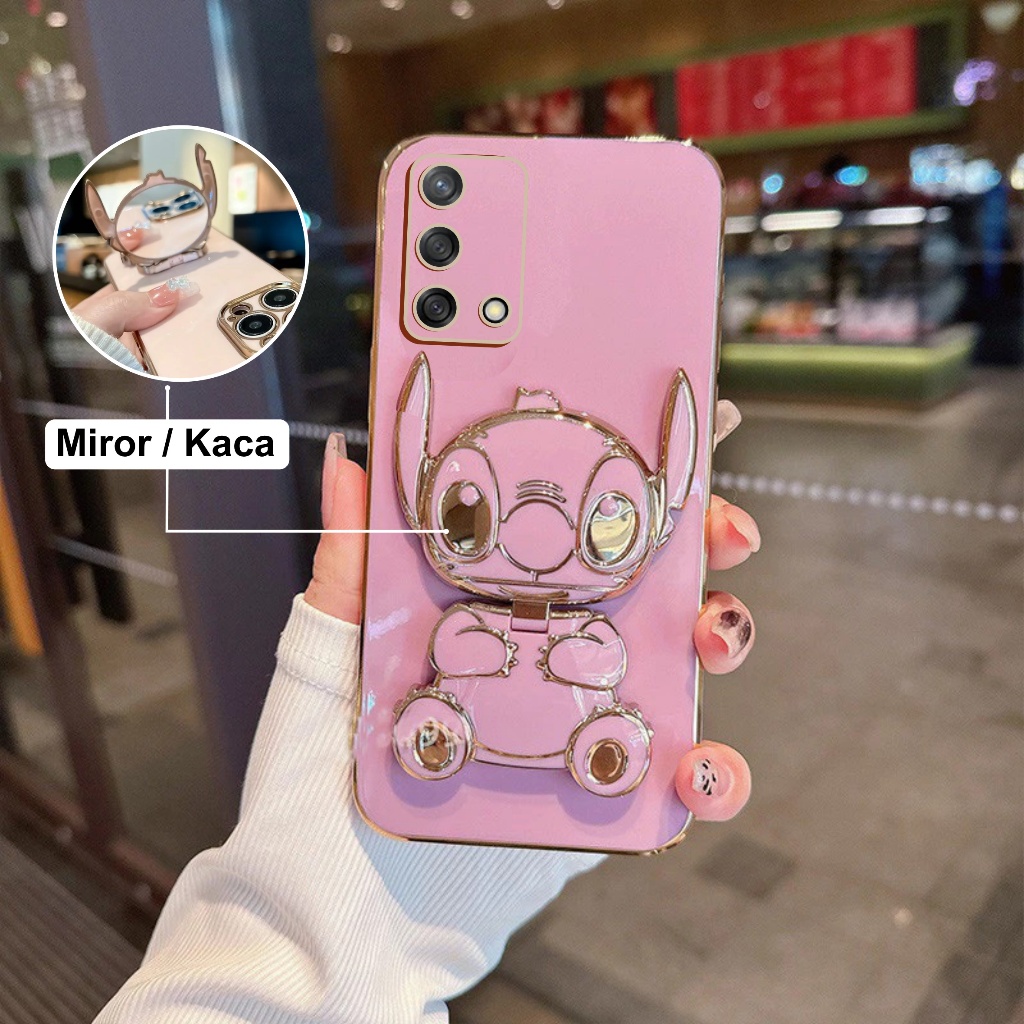 Soft Case Oppo A54 A74 A95 4G Silicon Dudukan Miror Cute Stich Plating