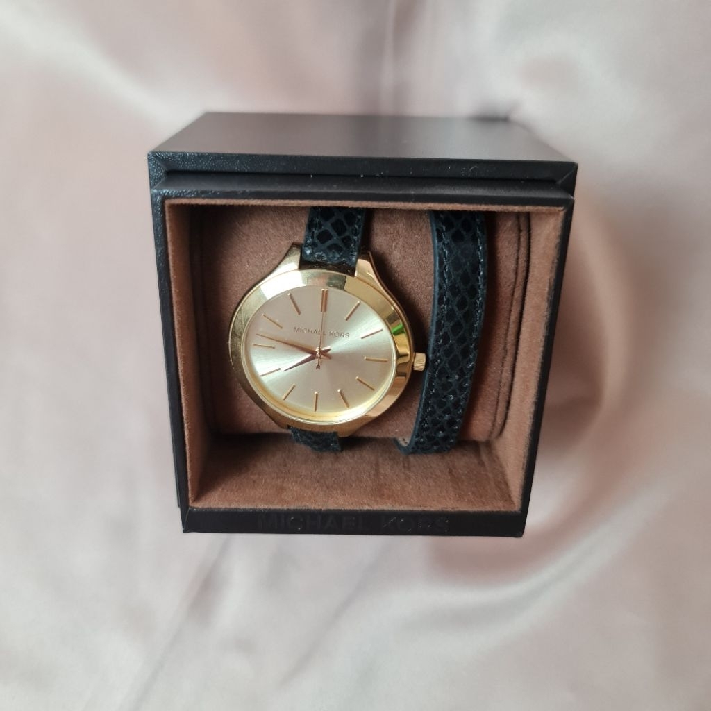 JAM TANGAN ANALOG MK SLIM GOLD LEATHER BLACK NEWWW ORIII