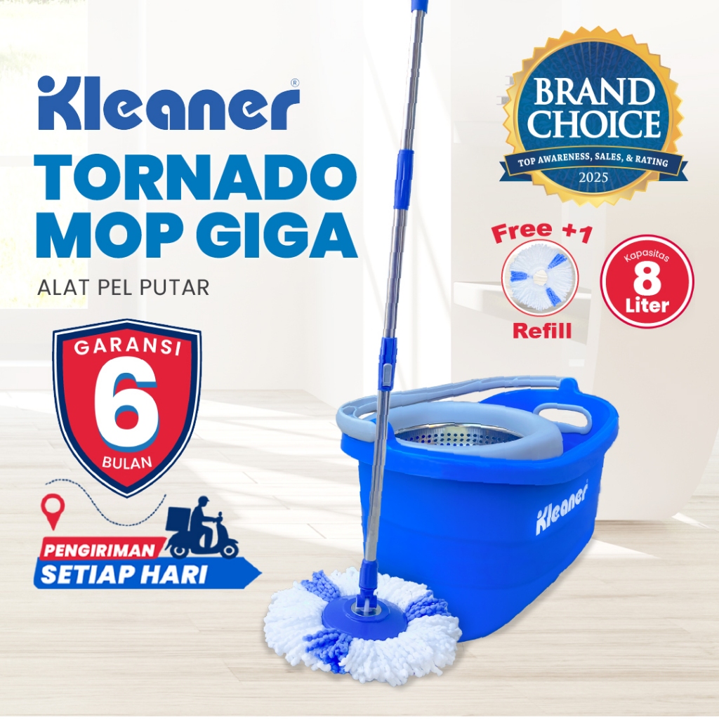 Kleaner Alat Pel Putar Tornado Mop Giga Spin Mop Pembersih Lantai dengan Ember 8 Liter Free 1 Refill