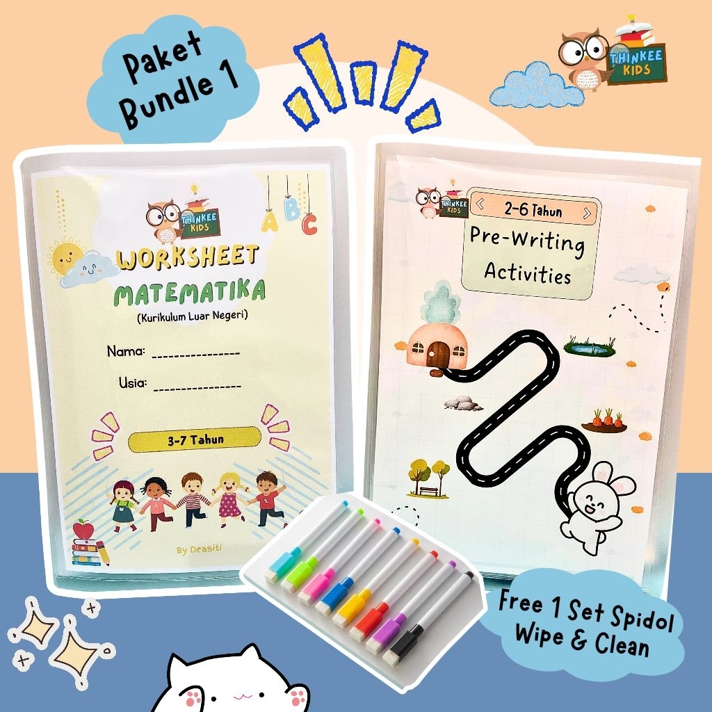 Worksheet Edukasi Anak | Paket Bundle 1 | Free Map clear holder dan 1 Set Spidol Wipe & Clean