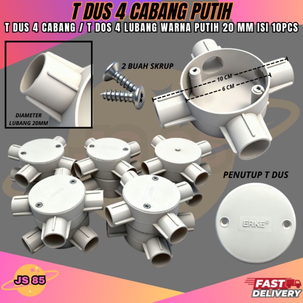 T-DUS 4 Cabang Putih / T-DOS 4 Lubang Warna Putih20mm Isi 10 Pcs