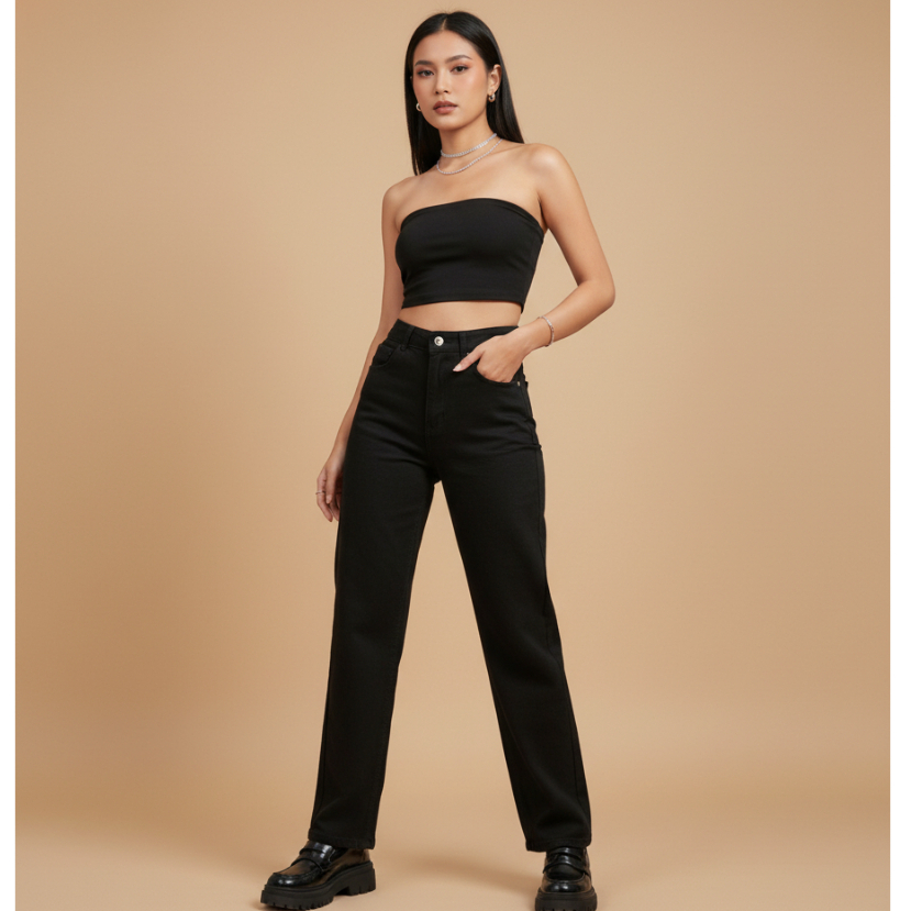Naia Pants | Celana Loose Jeans High-Waist Wanita –Hitam